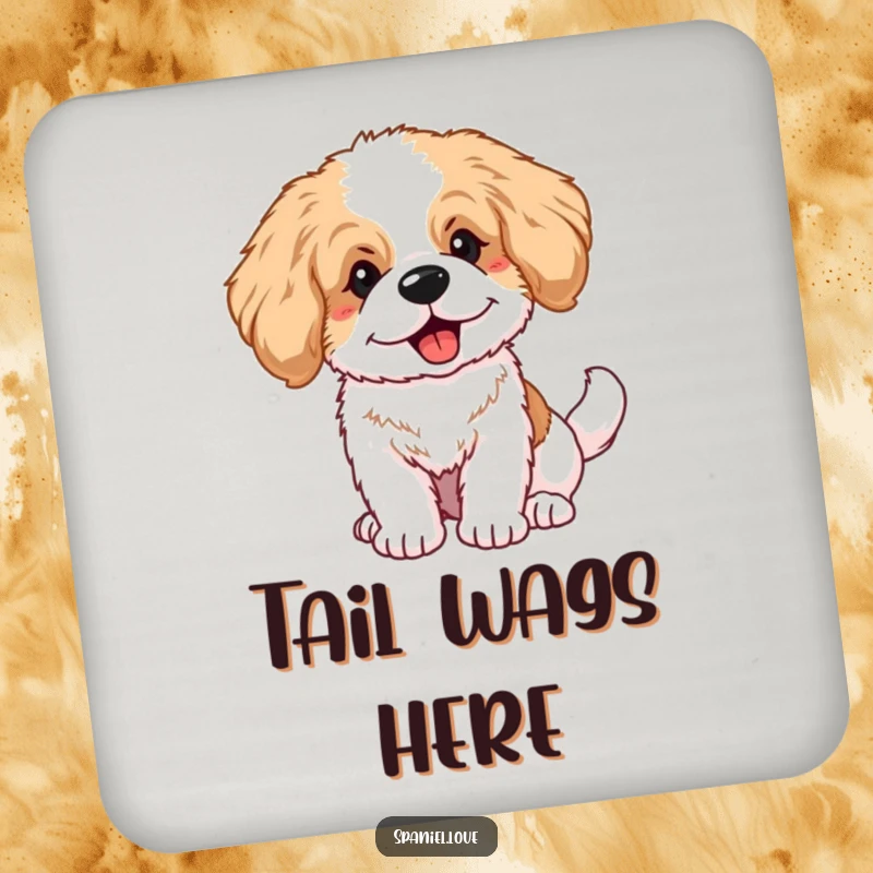 Funny fluffy spaniel puppy with big ears and a wagging tail on a drink coaster, protecting tables with puppy love.