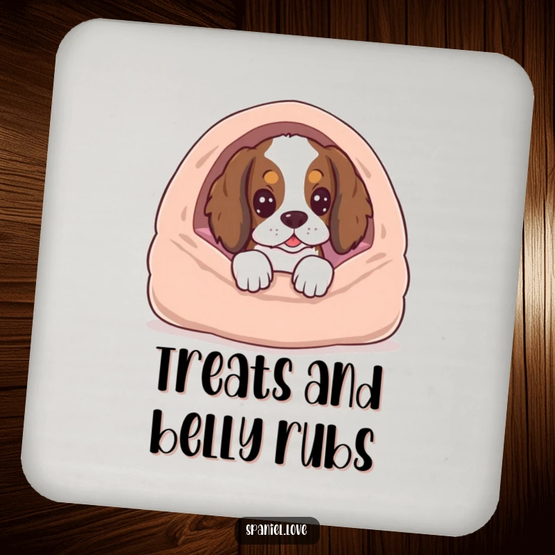 Funny spaniel dog peeking from a dog bed, adding a touch of anticipation to a drink coaster.