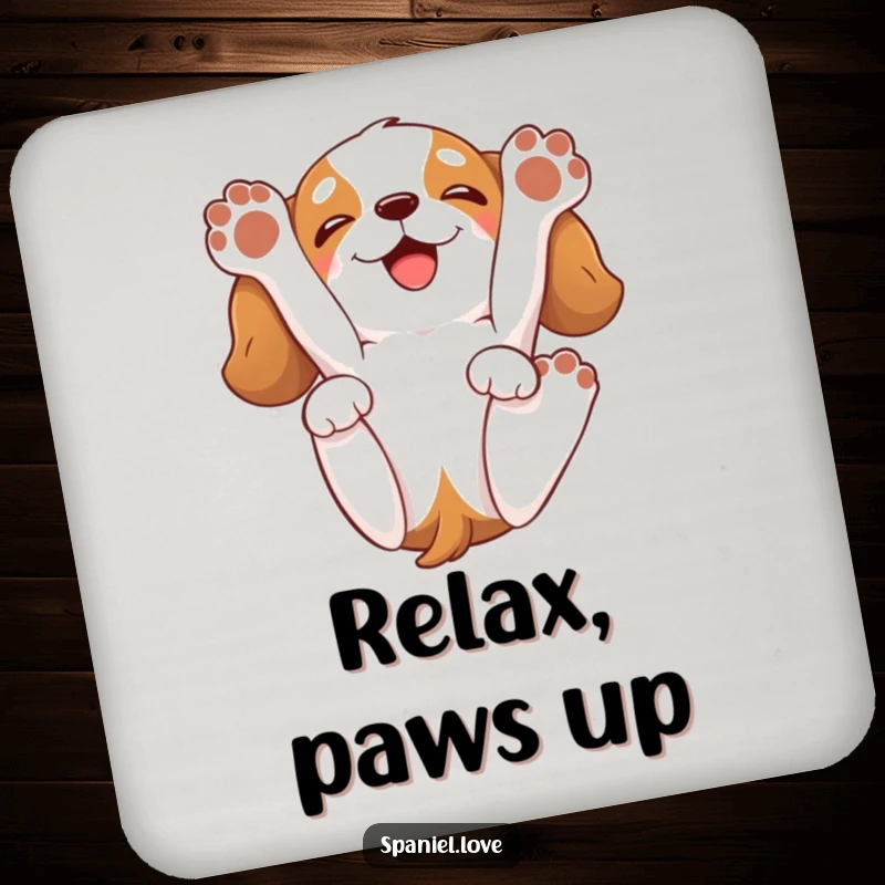 Funny spaniel drink coaster with a cartoon spaniel playfully rolling onto its back, paws in the air, with a happy grin.