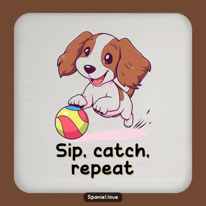 Funny Spaniel Ball Chase Coaster: Joyful Dog Ears Flapping Drink Protector