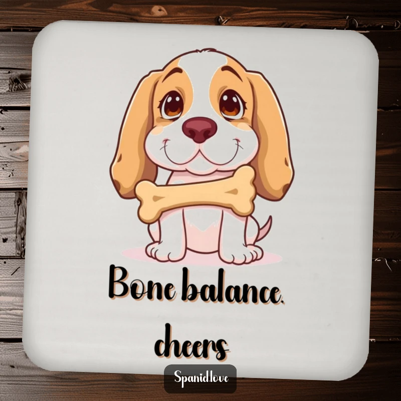 Funny Spaniel Coaster: A spaniel balances a bone on its nose with focused, comical intent, protecting your table with smiles.