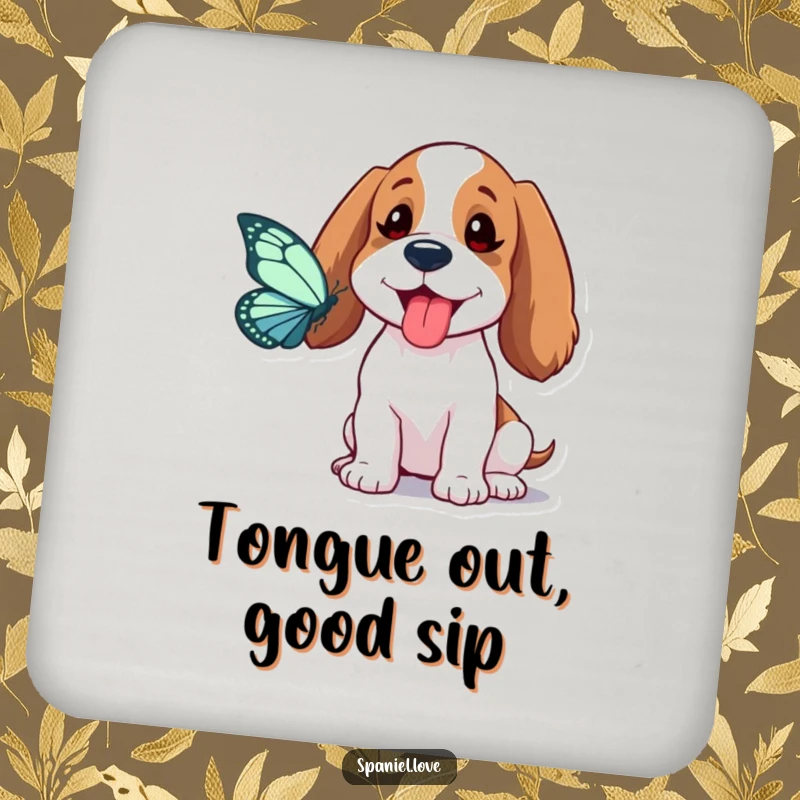 Funny Spaniel Coaster: A spaniel playfully sticks its tongue out chasing a butterfly, adding whimsical humor to your table protection.