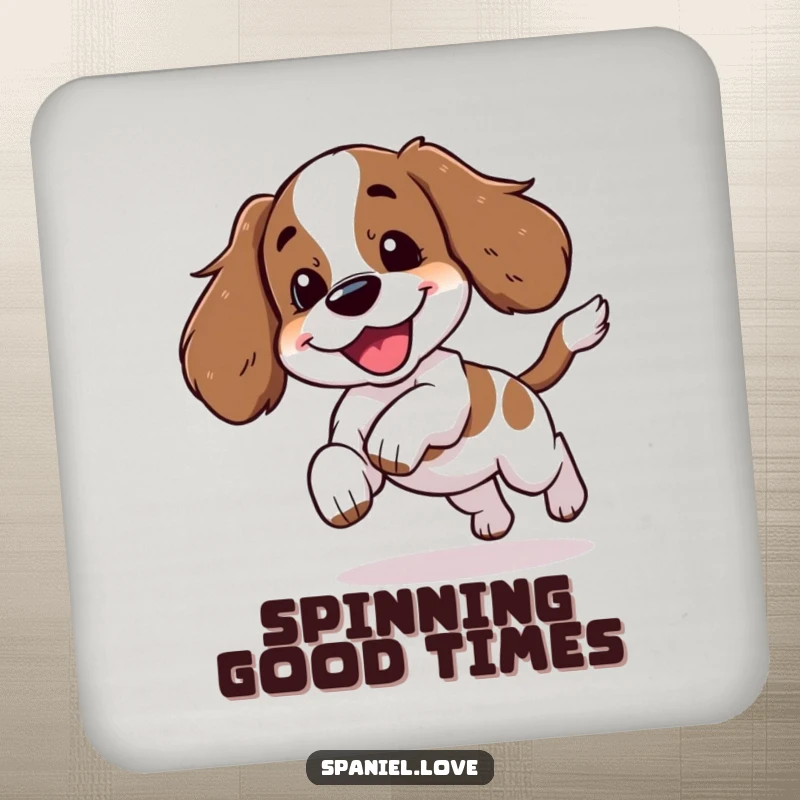 Funny spaniel character chasing its tail with a happy yip on a drink coaster, protecting tables with canine charm.