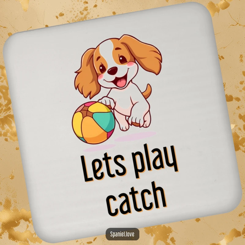 Funny drink coaster with a spaniel dog, ears flapping, joyfully chasing a colorful bouncing ball, protecting surfaces with canine cheer.