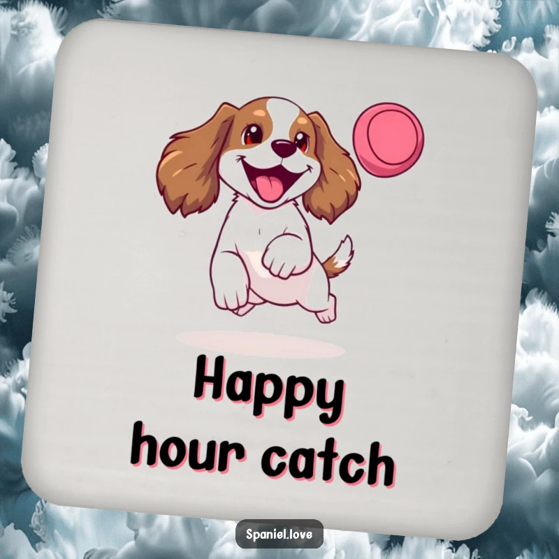 Funny drink coasters featuring a happy spaniel mid-leap for a frisbee, tongue lolling, offering decorative humor.
