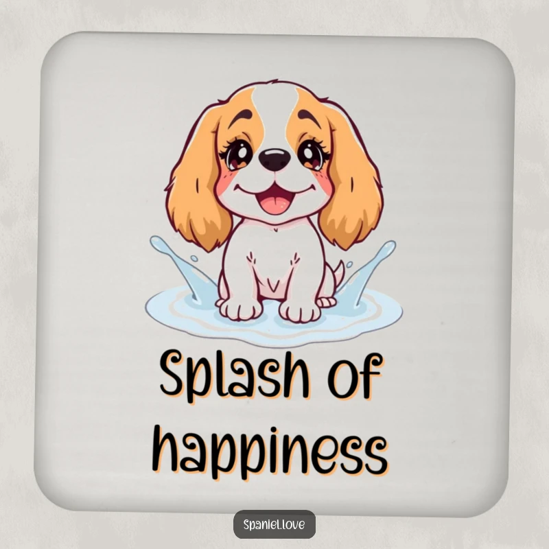 Funny Spaniel Coaster: A coaster featuring a spaniel with twinkling eyes splashing in a puddle humorously represented as giggles.