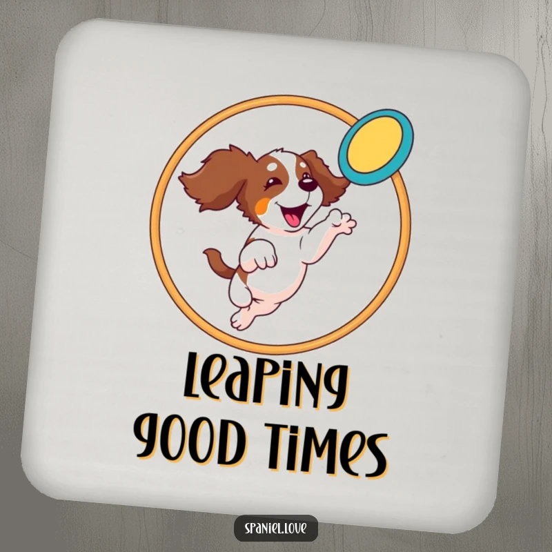 Funny Spaniel Coaster: A spaniel leaps through a hoop catching a frisbee, adding athletic humor to your table protection.
