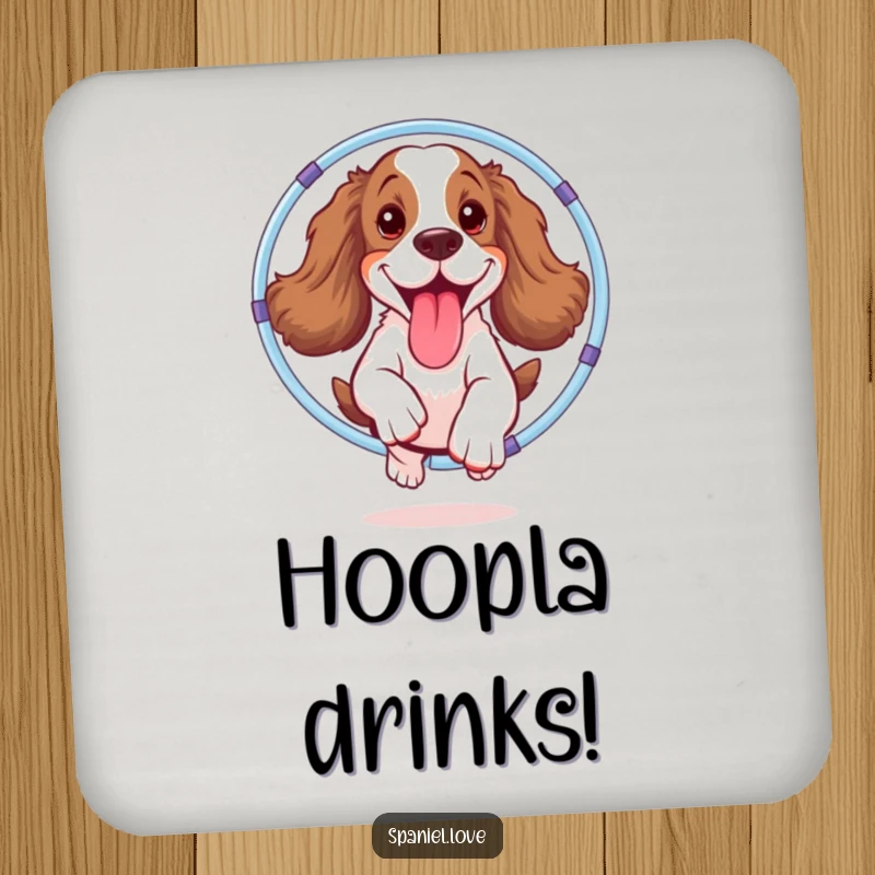 Funny spaniel drink coasters depicting a joyful dog energetically jumping through a hula hoop, tongue out, adding humorous flair.
