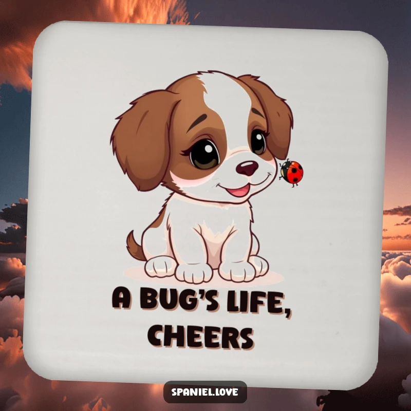 Funny Spaniel cub coasters, head tilted inquisitively at a ladybug, protecting tables with charm and humor.