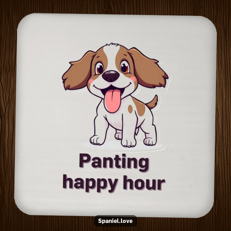 Funny Spaniel Coasters showing a happy, panting spaniel, adding humor and surface protection.