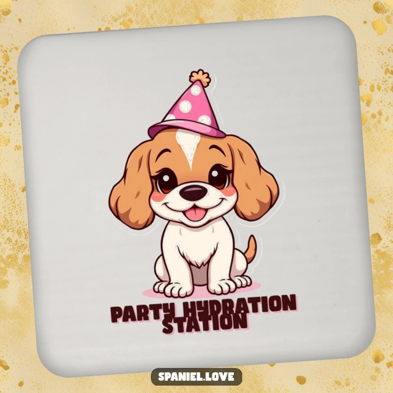Funny Spaniel coaster with a character's goofy grin and party hat, protecting surfaces humorously. This coaster adds a cheerful and practical element to any table.