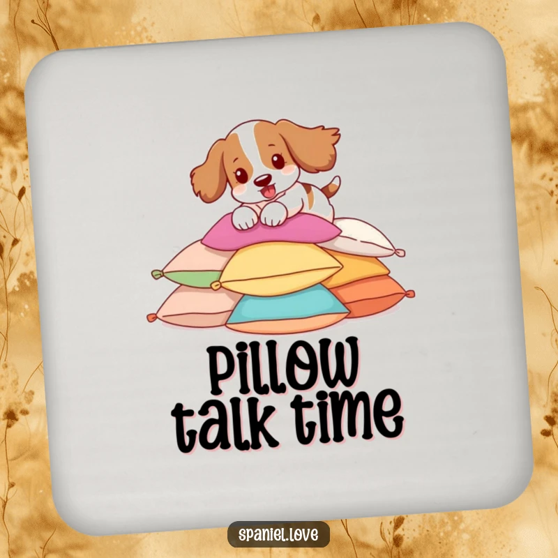 Funny Spaniel Coasters showing a spaniel pouncing on pillows, adding humor and protecting surfaces.
