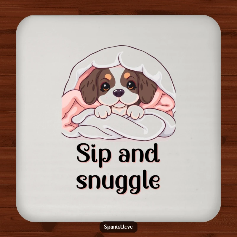 Funny drink coaster featuring a spaniel puppy peeking from soft blankets, protecting tables with adorable charm.