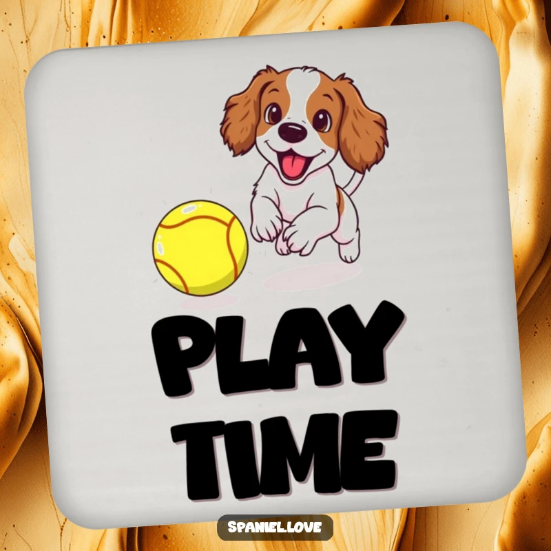Funny spaniel puppy excitedly chasing a giant tennis ball, showcased on a drink coaster to add playful energy to any surface.