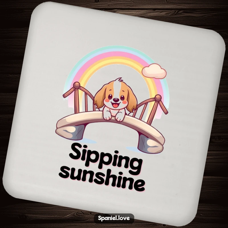 Funny drink coaster depicting a giddy spaniel character smiling as it slides down a rainbow bridge.