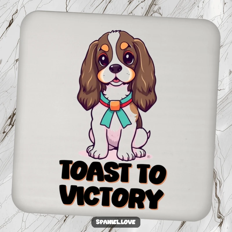 Funny Spaniel Ribbon Coaster: A spaniel dog stands proudly, a colorful ribbon adorning its neck, exuding elegance.