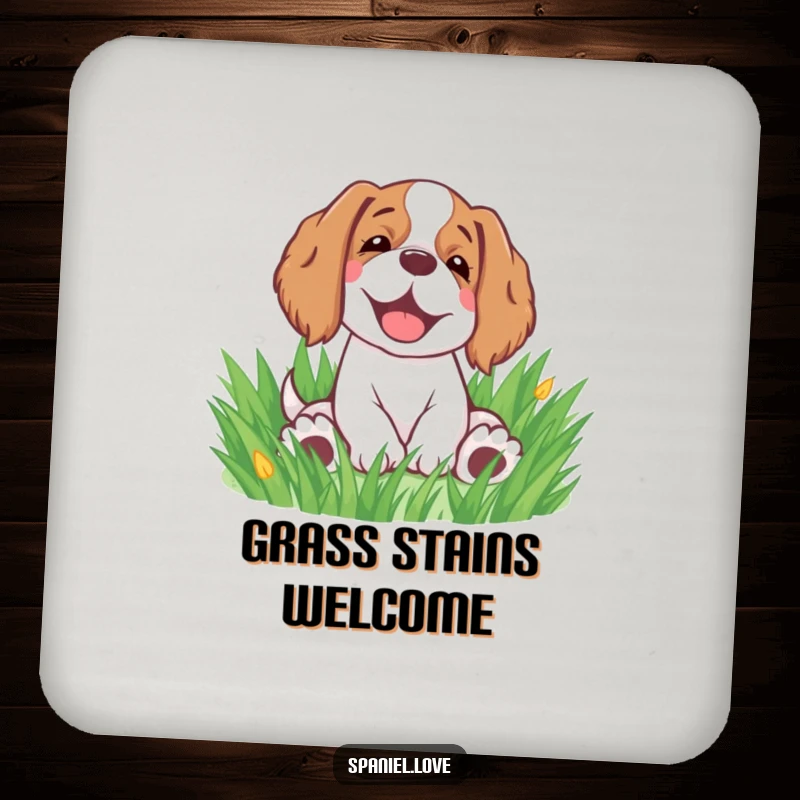 Funny spaniel coaster featuring a happy spaniel rolling in grass with a sigh, a humorous tabletop accent.