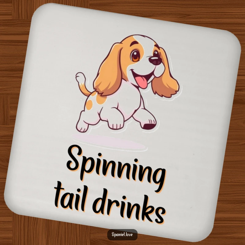 Funny drink coaster showing a spaniel with floppy ears, joyfully chasing its wagging tail.