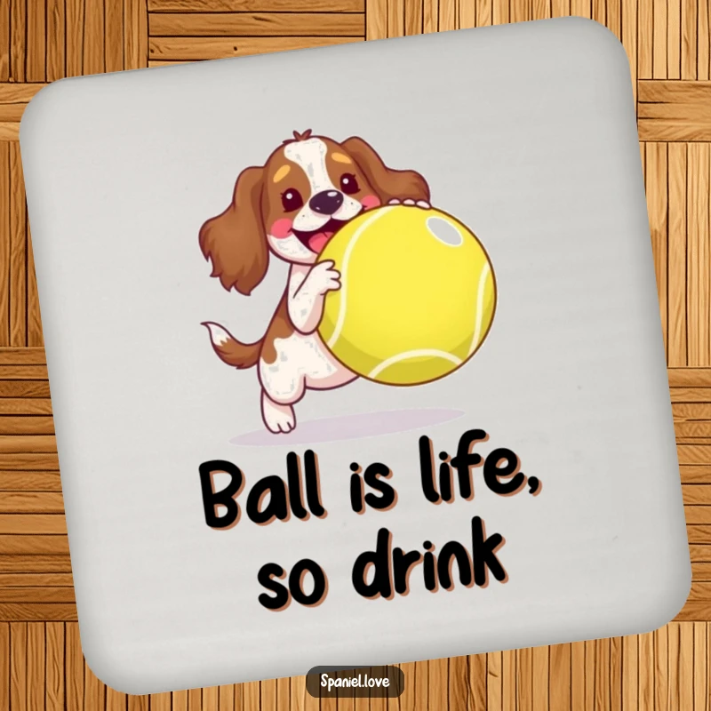 Funny spaniel drink coasters, a joyful dog bouncing a giant tennis ball, protecting surfaces with humor.