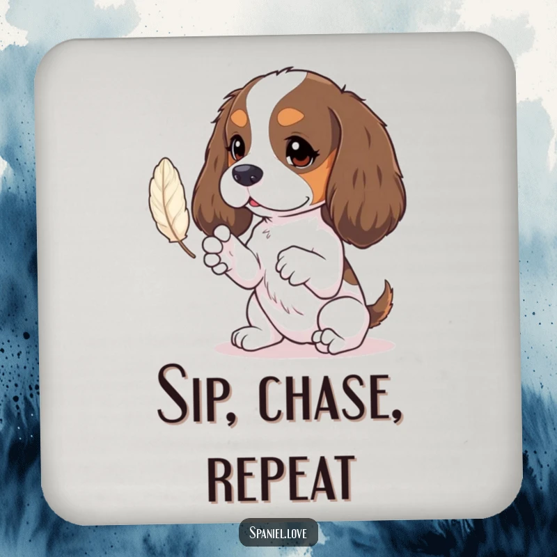 Funny spaniel coaster showing tiny paws batting at a feather, protecting surfaces with adorable charm.