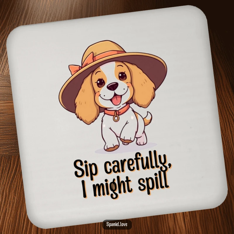 Funny spaniel drink coasters, a playful dog tripping with a comically large hat, protecting surfaces with humor.