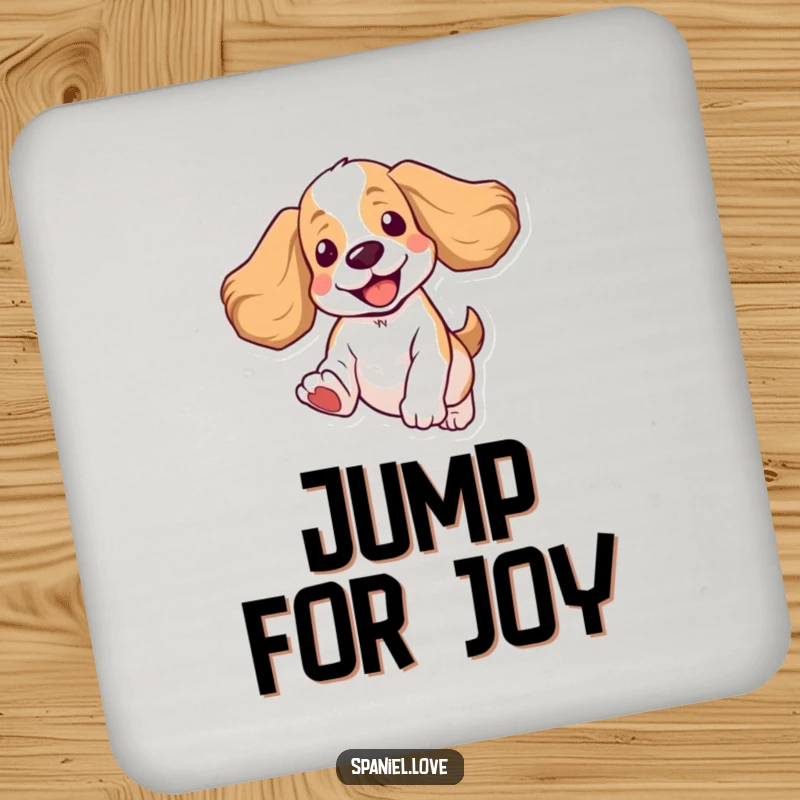 Funny Spaniel Coasters: A set of coasters featuring a spaniel leaping with ears flying, adding a touch of whimsy.