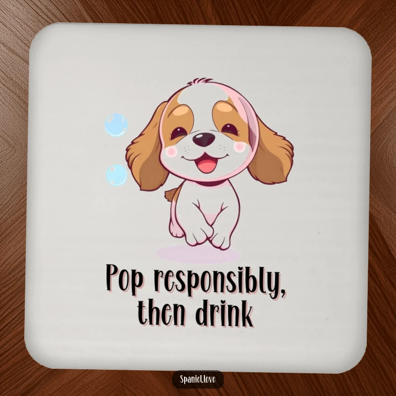 Funny spaniel drink coasters, an enthusiastic dog leaping for a sparkling bubble, protecting surfaces with humor.