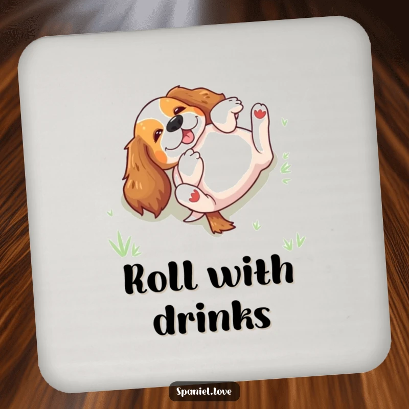 Funny spaniel rolling on its back in grass on a drink coaster, adding humorous personality and joy to tables.
