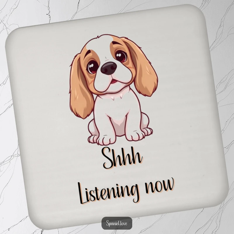 Funny spaniel coaster featuring a dog with perked ears listening intently, protecting surfaces with humorous charm, ideal gift.