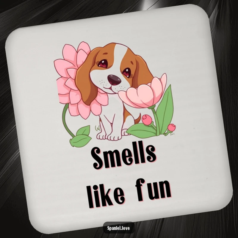 Funny drink coaster with a spaniel dog, head tilted curiously, sniffing a giant blooming flower, protecting surfaces with gentle charm.