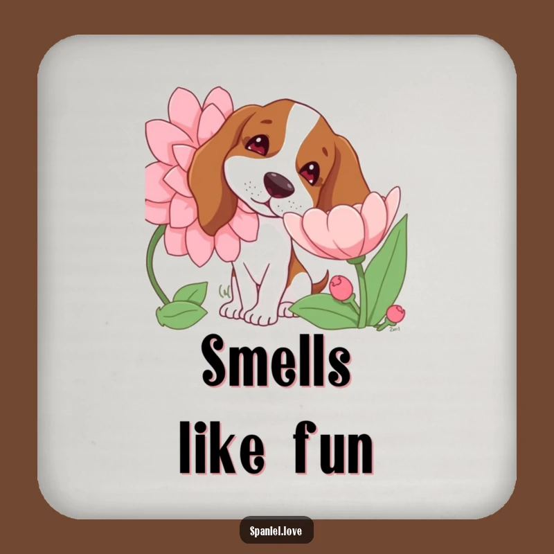 Funny Spaniel Coaster: Curious Dog Flower Sniff to Protect Surfaces