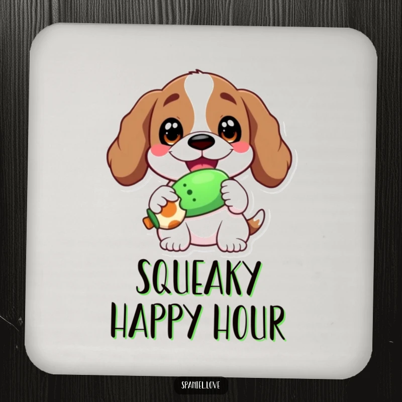 Funny drink coaster showing a spaniel with a wide, happy grin, holding a squeaky toy.