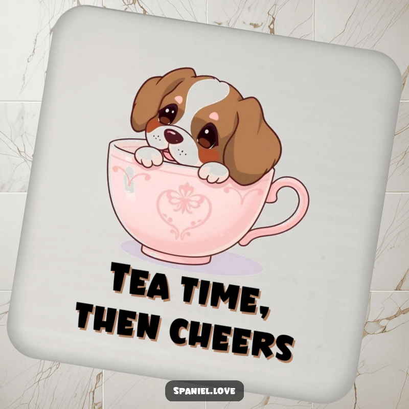 Funny spaniel drink coasters, a curious dog peeking from a giant teacup, protecting surfaces with humor.