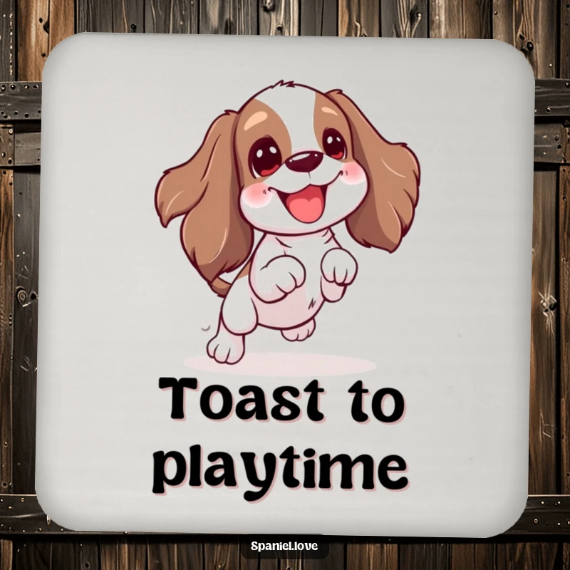 Funny Spaniel coaster depicting an excited wiggle and jump for a toy. This coaster adds playful protection and a touch of humor to any surface.