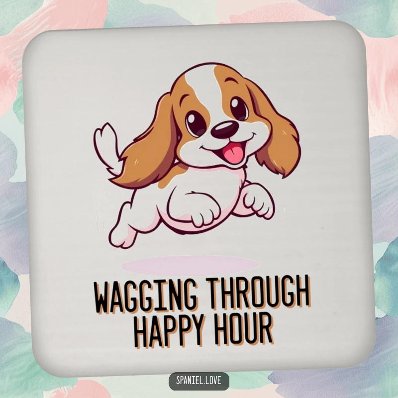 Funny spaniel dog in a sideways scurry, adding humor to a drink coaster.