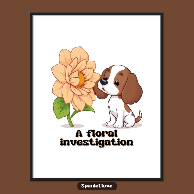 Funny Spaniel Art Poster: Curious Dog Sniffing Giant Flower, Quirky Wall Decor