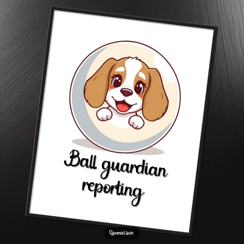 Funny Spaniel Poster: A spaniel with a happy bark peeks out from behind a giant, round ball, ready to play.