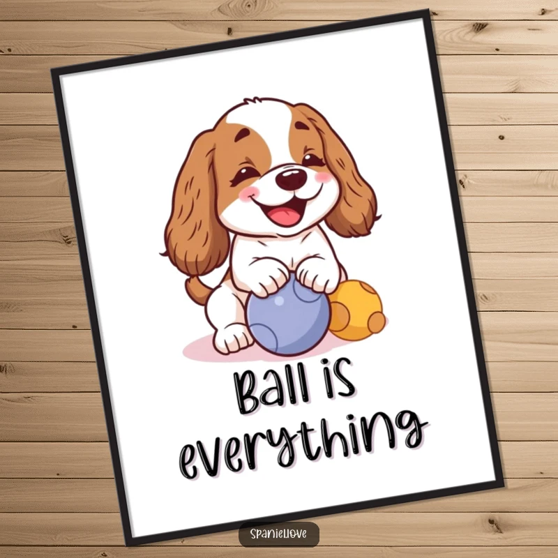 Funny kawaii spaniel barking cheerfully and nudging a ball on a poster, creating a heartwarming and humorous wall display.