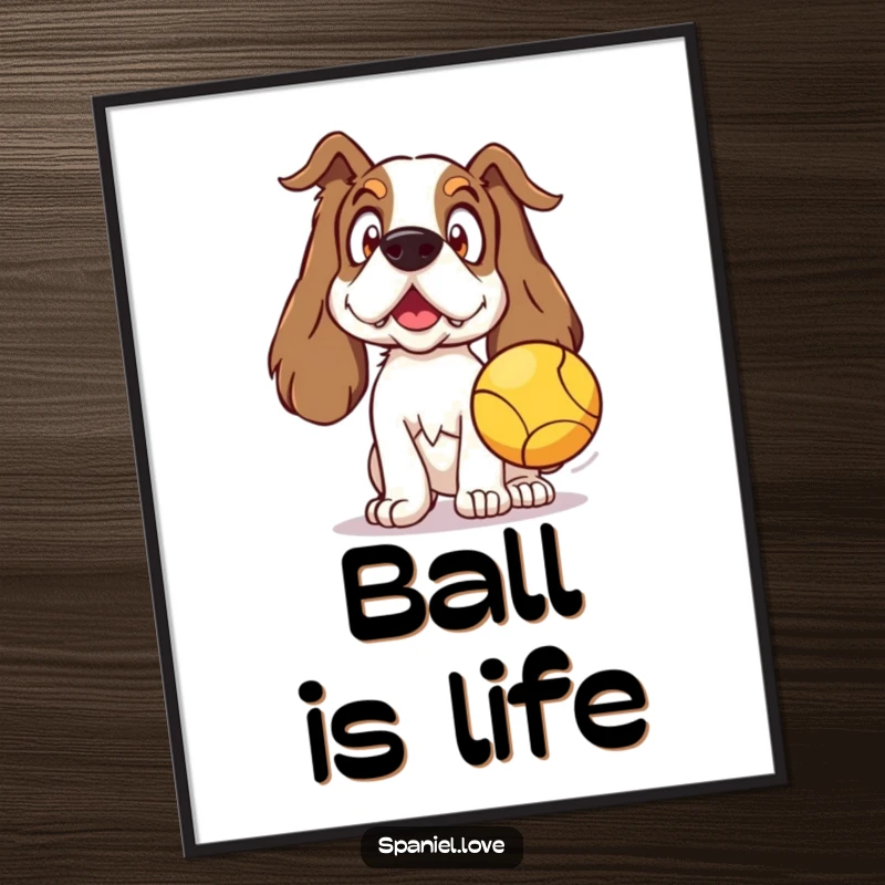 Funny Spaniel Poster capturing a surprised spaniel’s eager reaction to a thrown ball, bringing humor to wall decor.