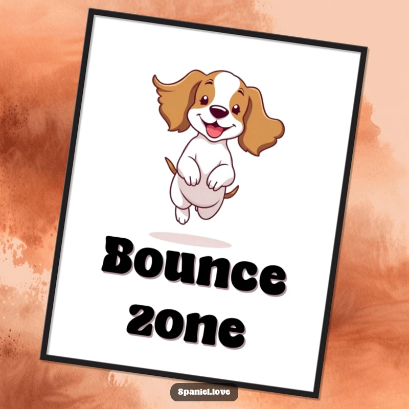 Funny spaniel character joyfully bouncing with its ears flapping in the wind, depicted as vibrant wall art.