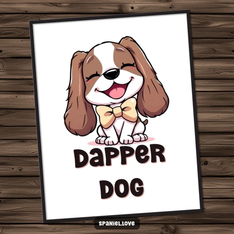 Funny poster depicting a delighted spaniel character wearing an enormous, stylish bowtie and a charming wink.