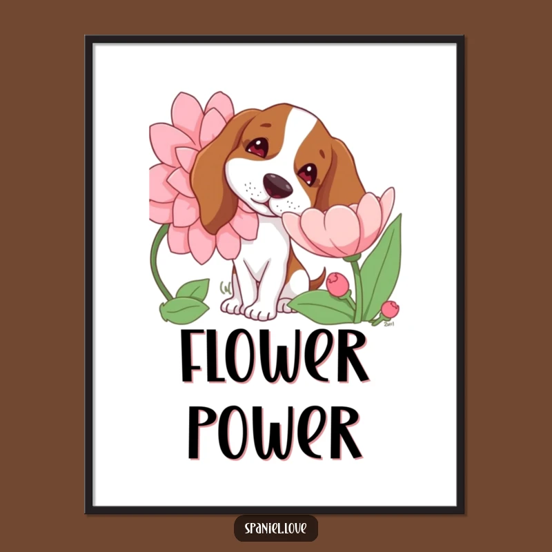 Funny Spaniel Art Poster: Curious Dog Flower Sniff for Whimsical Decor