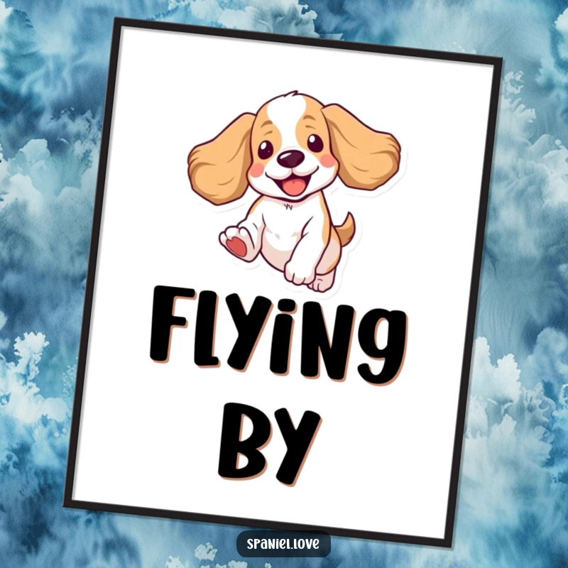 Funny Spaniel Poster: An artistic print of a spaniel joyfully jumping, its floppy ears catching the wind, full of life.
