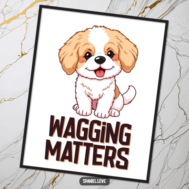 Funny fluffy spaniel puppy with big ears and a furiously wagging tail, depicted in a joyful poster print.