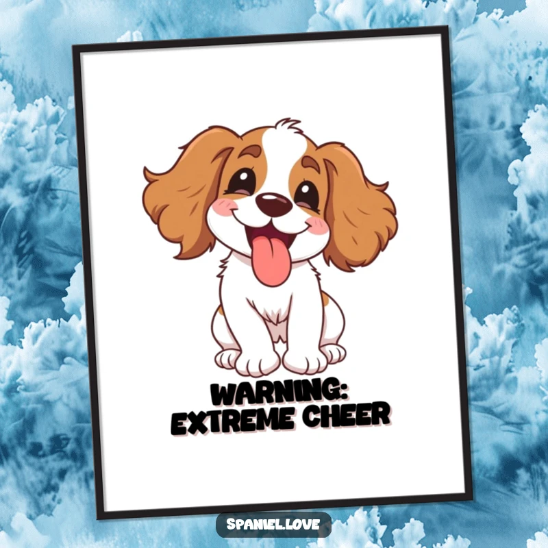 Funny Spaniel Poster: A gleeful dog spinning with pure delight, tongue happily out, humorous wall art for a joyful space.