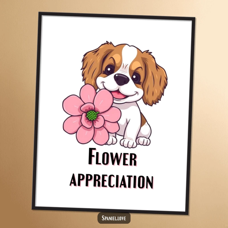 Funny spaniel with a wide, goofy smile happily sniffing a giant flower, depicted as delightful wall art.