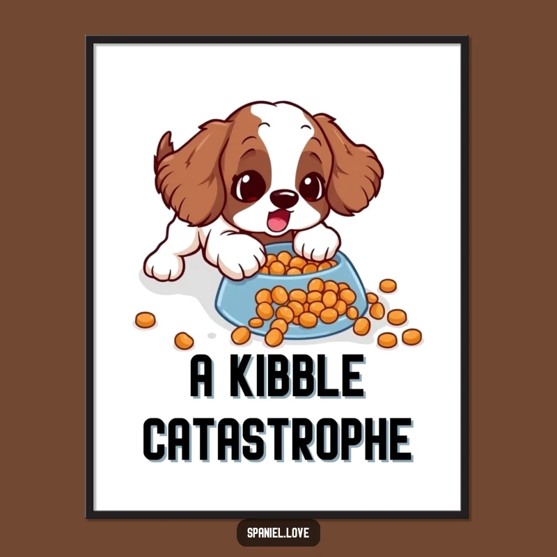 Funny Spaniel Art Poster: Kibble Slide Surprise, Hilarious Wall Decor