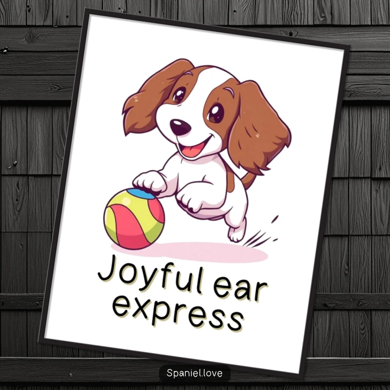Funny spaniel poster art of a cartoon spaniel joyfully chasing a bouncing colorful ball, ears flapping, capturing energetic fun.