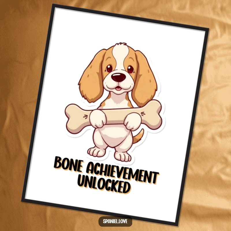 Funny Spaniel Poster: A spaniel with a proud expression carries an impressively oversized bone, a humorous display.