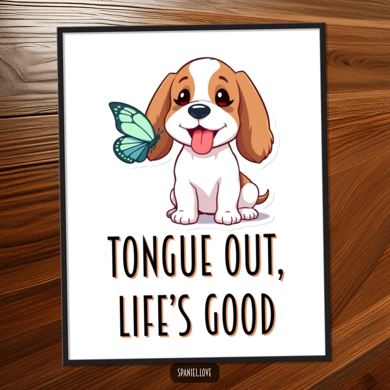 Funny Spaniel Poster: A spaniel playfully sticks its tongue out while chasing a butterfly, a whimsical and funny artwork.